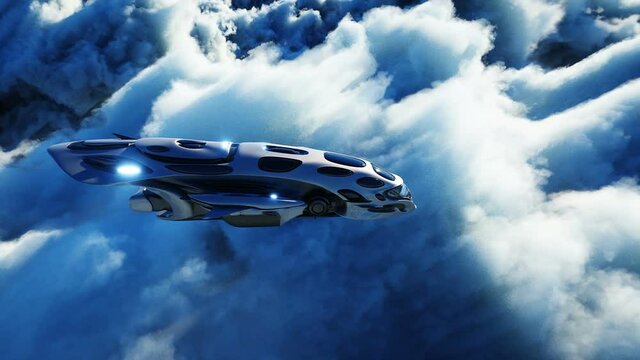 Futuristic sci fi ship flying in the clouds. Realistic 4k animation.