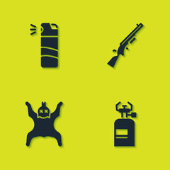 Set Pepper spray, Camping gas stove, Bear skin and Shotgun icon. Vector.