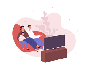 Family happy life concept. Film watching and bonding. Vector flat people illustration. Mother and father with daughter sitting on couch and watching tv.