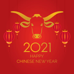 Happy chinese new year 2021, year of the ox vector. Chinese new year 2021 poster with golden ox icon vector. Gold bull head icon vector. Chinese buffalo icon isolated on a red background