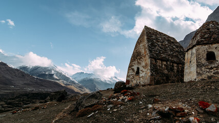 The city of the dead among the mountains. View of the old crypts of the X-XVII centuries. Location El-Tyubu village, Kabardino-Balkaria, Caucasus