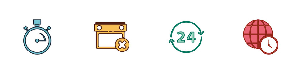 Set Stopwatch, Calendar date delete, Clock 24 hours and World time icon. Vector.
