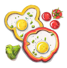 Tasty fried eggs in red and orange peppers with tomatoes, broccoli. Fresh and healthy morning food. European cuisine hand drawn illustration. 