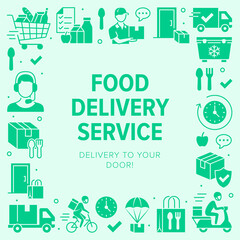 Food delivery poster frame with silhouette icons. Vector illustration courier on bike, door contactless delivering, grocery list, dinner green glyph pictogram for fast distribution flyer or brochure
