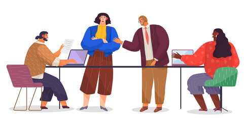 Office staff in room. Bearded man and dark-skinned woman use laptops, woman wears jacket stands with her arms crossed, red-haired man in glasses and strict suit tells. Conceptual office characters