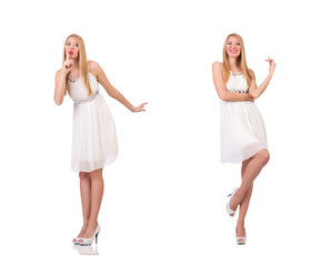 Beautiful woman in white dress isolated on white