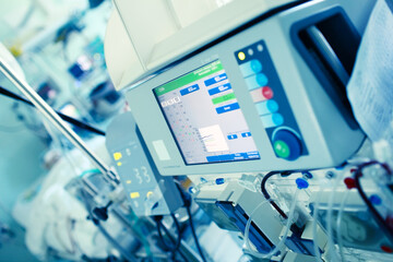 Many pieces of advanced medical equipment around the patient bed in intensive care unit