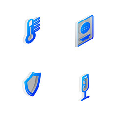Set Isometric line Passport, Thermometer, Shield and Glass of champagne icon. Vector.