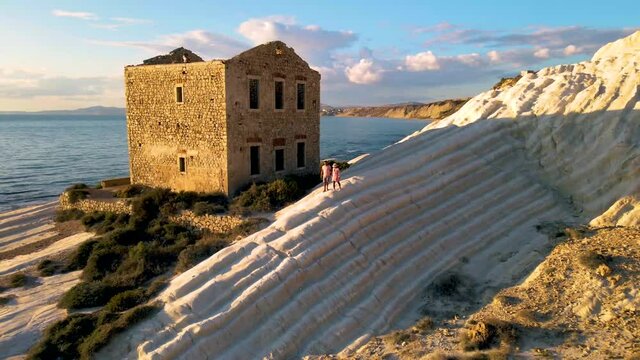 Punta Bianca Sicily Agrigento, white cliffs coast with an abandoned house in Sicilia Italy