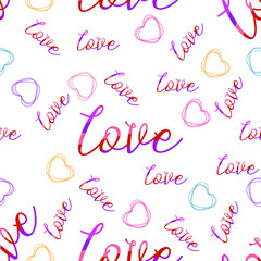 Love lettering with hearts on a pink background. Seamless design for Valentine's Day. For wedding cards, holiday packaging, textiles and backgrounds. Vector Illustration.
