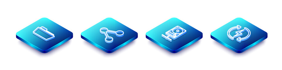 Set Isometric line Folder, Share, Hard disk drive on sharing network and Recharging icon. Vector.