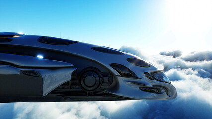 Futuristic sci fi ship flying in the clouds. 3d rendering.