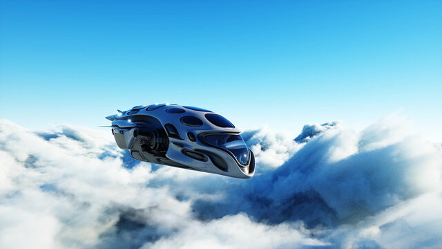 Futuristic sci fi ship flying in the clouds. 3d rendering.