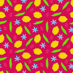 Lemon seamless pattern vector illustration. Summer design repeated textile with citrus fruits. Wallpaper printing background for boys and girls.
