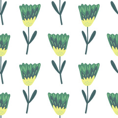 Fototapeta na wymiar Isolated seamless pattern with botanical flowers green outline elements. White background.