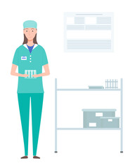 Laboratory assistant woman holding stand with empty test tubes in hands. Professional medical worker with glass flasks. Flat cartoon character portrait in medical gown and protective hat works in lab