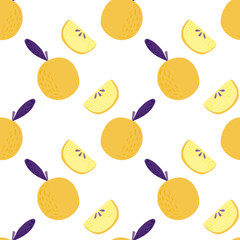 Isolated seamless bright summer pattern with doodle yellow apple ornament. White background.