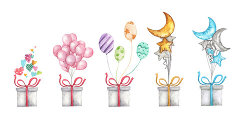 Cute watercolor romantic illustration set of design elements for Valentine's Day. Gift box with balloons.