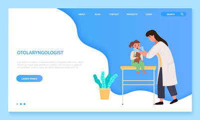 App for communication with healthcare professionals. Web for consultation with otolaryngologist. Program landing page template. Baby sits with teddy bear. Pediatrician examines patient s oral cavity