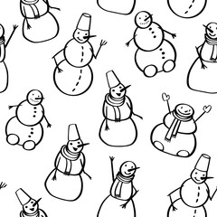 Doodle Snowmen Black and White Pattern. Winter holiday background
