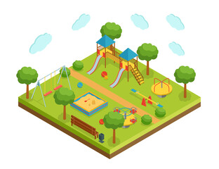 Isometric big kid playground on white background, vector illustration