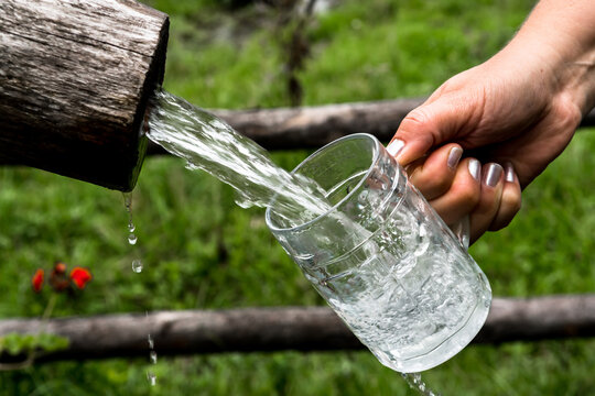 Big Glass Filled With Clear Mountain Drinking Water From A Wooden Spring