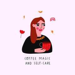 Coffee, magic and self care. Pretty girl with mug. Vector hand drawn illustration on white background. 