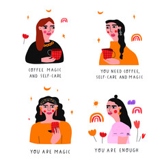 Set of pretty ladies with inspirational inscriptions. Vector hand drawn illustrations on white background. 