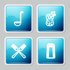 Set line Kitchen ladle, Sponge with bubbles, Crossed fork and Salt and pepper icon. Vector.