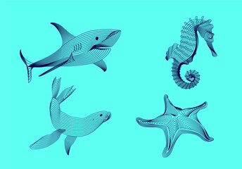 Set marine graphic animals. The starfish, shark, sea horse, seal consist of lines.Digital elements design  for business cards, invitations, gift cards, flyers and brochures, web.