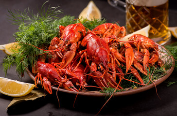 Crayfish boiled on a dish with dill spices and lemon.