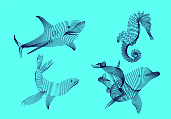 Set marine graphic animals. The shark, sea horse,  dolphin, seal consist of lines.Digital elements design  for business cards, invitations, gift cards, flyers and brochures, web.