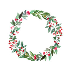 Christmas wreath illustration. Holiday festive graphics. Winter greenery, pine tree branches, foliage and red berries. Decorative frame, isolated on white background. Hand made card template.