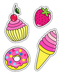 Fashion patch badges with cupcake, donut, ice cream and strawberry. Set of stickers, pins, patches in hand-drawn collection in cartoon 80s-90s comic style. Vector bright elements in girlish colors