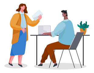 People in common workflow. Office workers characters meeting, discussing matters in cabinet . Business people woman and man dressed in formal clothes are sitting at the table with laptops and talking