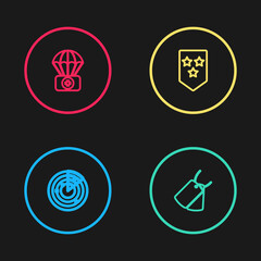 Set line Radar with targets, Military dog tags, Chevron and Parachute first aid kit icon. Vector.