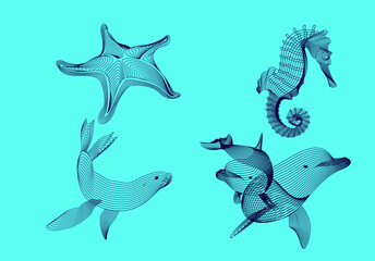 Set marine graphic animals. The starfish, sea horse,  dolphin, seal consist of lines.Digital elements design  for business cards, invitations, gift cards, flyers and brochures, web.