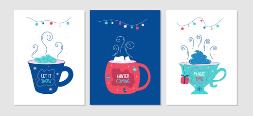 Set of postcards - elegant cups with beautiful inscriptions. Cozy flat cartoon holiday illustration. Happy New Year And Merry Christmas cards