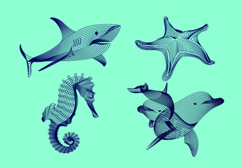 Set marine graphic animals. Vector illustration. The starfish, shark, dolphin, sea horse consist of lines.Digital elements design  for business cards, invitations, gift cards, flyers and brochures, we