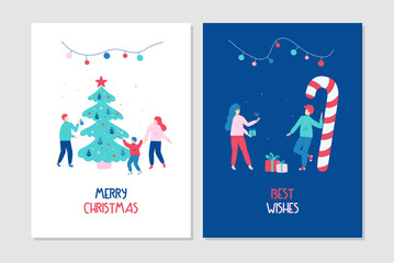 Set of postcards - happy family decorates christmas tree and friends wish each other happy holidays. Cozy flat cartoon holiday illustration. Happy New Year And Merry Christmas cards