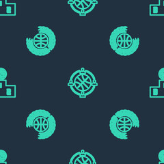 Set line Planning strategy, Award with basketball ball and Sports winner podium on seamless pattern. Vector.