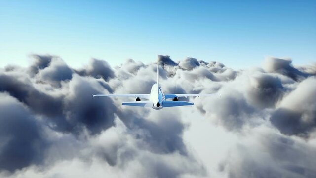 Passenger airbus flying in clouds. Plane. Realistic 4k animation.