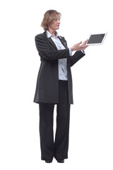 Portrait of senior woman with tablet computer, isolated on white