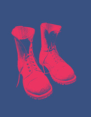 Red boots shoe vintage glyph drawing isolated on blue BG