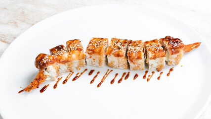 Sushi rolls with shrimp. Traditional Japanese food. Top view. On a white background.