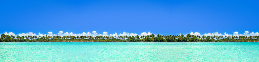 Fototapeta na wymiar Beautiful view on coconut palms jungle island from sea. Long banner