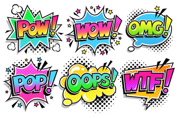 Naklejka premium Set of comic speech bubbles with text Pow, Wow, Omg, Pop, Oops, Wtf. All bubbles on separate layers. Pop art vector illustration isolated on white background.
