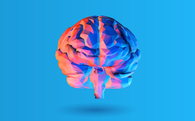 Low poly brain frontal illustration isolated on blue BG