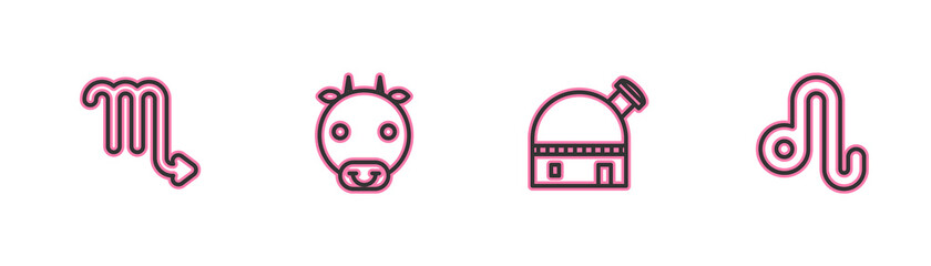 Set line Scorpio zodiac, Astronomical observatory, Ox and Leo icon. Vector.