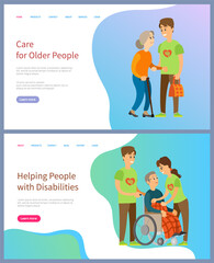Volunteering people vector, man and woman helping people with disabilities using wheelchair, elderly woman, male carrying bags of old lady. Website or slider app, landing page flat style